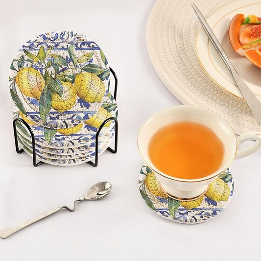 Cup Coasters for Drinks Lemon Olive Tree Italian Tile Coasters Set of 6, Absorbent Coaster with Holder Cotton Woven Coaster for Coffee Wooden Table Home Decor