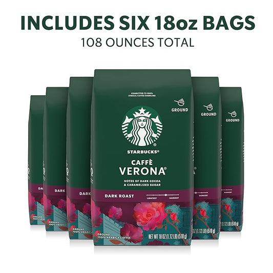 Starbucks Ground Coffee, Dark Roast Hot or Iced Coffee, Caffè Verona, Six 18 oz Bags