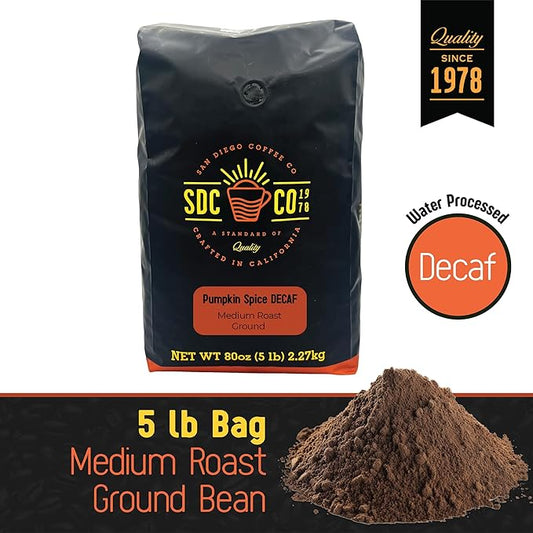 San Diego Coffee DECAF Pumpkin Spice, Medium Roast, Ground Coffee, 5-Pound Bag Café descafeinado molido tostado