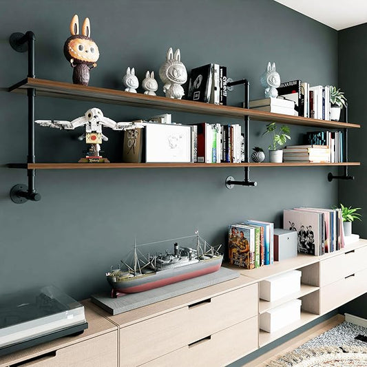 Industrial Pipe Wall Shelves Pipe Shelving with Real Wood Plank ,70 Inches Floating Shelves for Wall Farmhouse Pipe Book Shelves Dark Brown 2 Tier for Kitchen,Living Room Decor and Bar Shelving