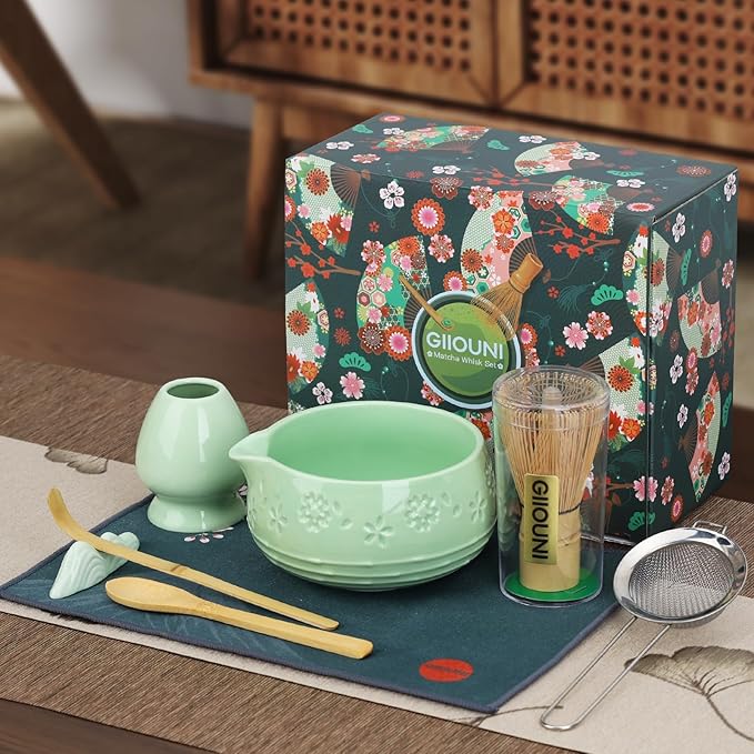 Matcha Whisk Set, Ceramic Bowl with Spout, Bamboo Matcha Whisk & Spoon, Chasen Holder, Scoop Rest, Sifter, 8-Pcs Japanese Ceremony Matcha Powder Kit–Happy New Year 2026 Gift for Women-Mint