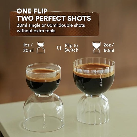 ovalware Espresso Shot Glass Set of 2 | 30ml/1oz and 60ml/2oz Dual-Dose Stackable Borosilicate Cups | Cool-Touch Thermal Base | Oval Measurement Dots for Consistent Espresso Shots