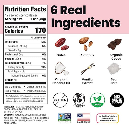 Bahamii Snack Bars, Made with Dates & Nuts, Healthy Snacks, Gluten Free, Good Source of Fiber, Only 6 Ingredients, For Kids & Adults, No Added Sugar, Vegan, 12 Pack, Chocolate Almond