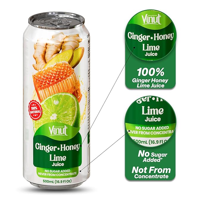 VINUT Ginger, Honey & Lime Juice, 85% Juice, No Added Sugar, Not From Concentrate, 16.9 fl oz (500 mL) Can, Pack of 12