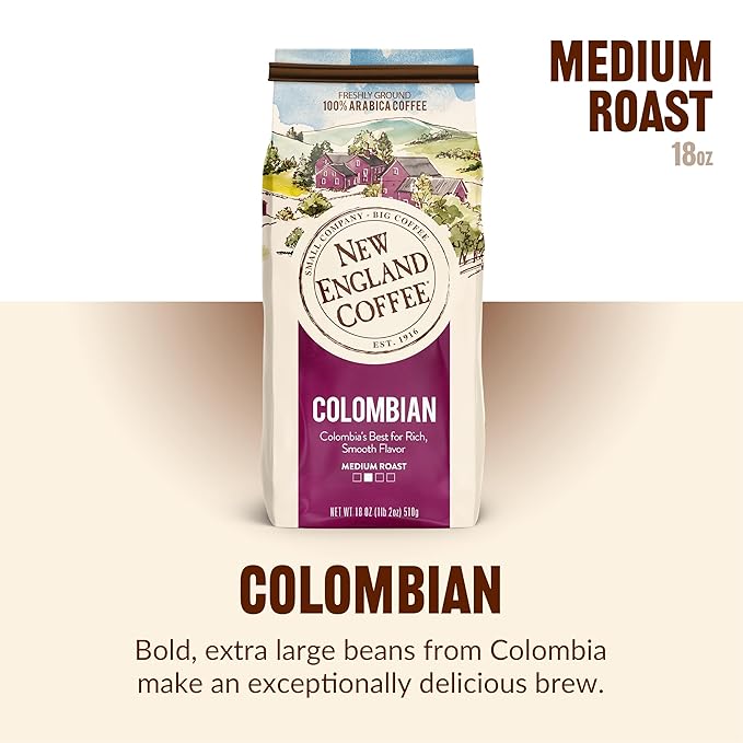 New England Coffee Colombian Medium Roast Ground Coffee, 18oz Bag (Pack of 1)