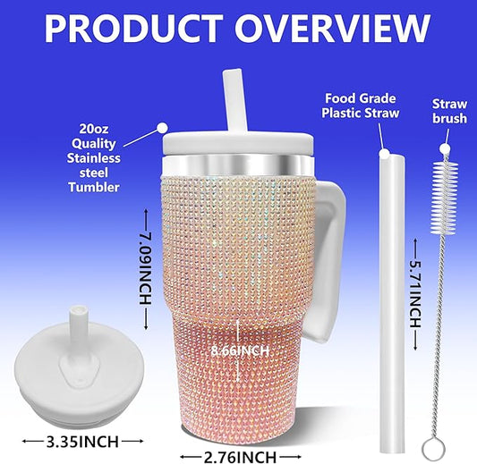 20-OZ Insulated Water Bottle,Insulated Stainless Steel Tumbler,Reusable Cold Drink Thermos,BPA-Free, Double-Wall Stainless Steel Water Bottle (Pink White Gradient-Diamond, 20, Fluid Ounces)