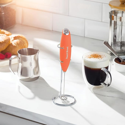 Powerful Handheld Milk Frother, Mini Milk Foamer, Battery Operated Stainless Steel Drink Mixer with Frother Stand