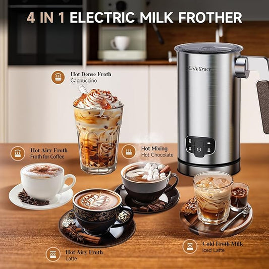 4-in-1 Milk Frother for Coffee, Automatic Warm and Cold Foam Frother, One-Touch Milk Steamer and Frother for Coffee, Latte, Cappuccino, Macchiato, Hot Chocolate, Matcha, Easy to Clean