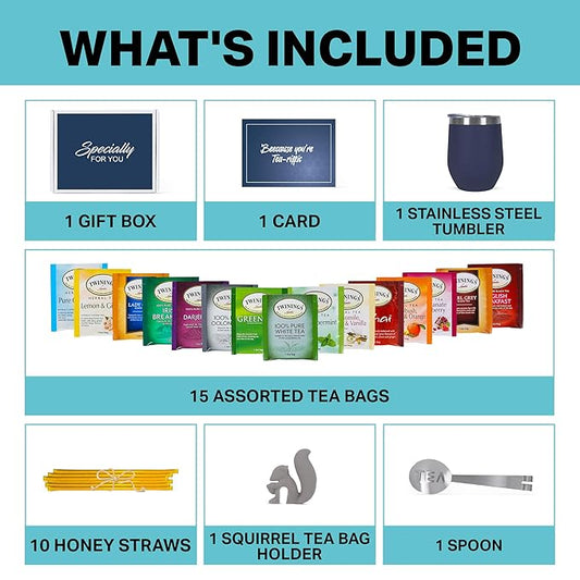 Tea Gifts for Women – Sampler Gift Basket with 15 Unique Blends, Honey Sticks, Stainless Tumbler & Gift-Ready Box (Blue/Blue box)