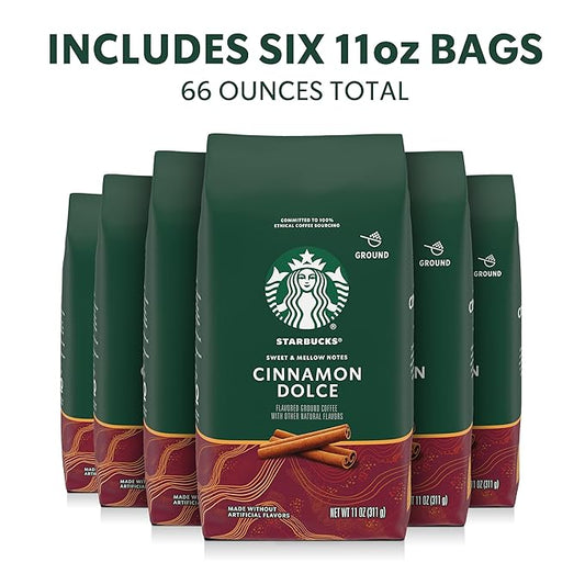 Starbucks Ground Coffee, Flavored Hot or Iced Coffee, Cinnamon Dolce, Six 11 oz Bags