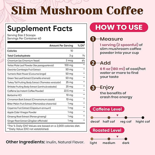 Venture Pal Slim Mushroom Coffee for Weight Loss,Instant Coffee with Berberine, Cinnamon, Yerba Mate,Turmeric, & More, 1800mg(10:1) Extract for Diet Support & Metabolism Boost - 40 Servings
