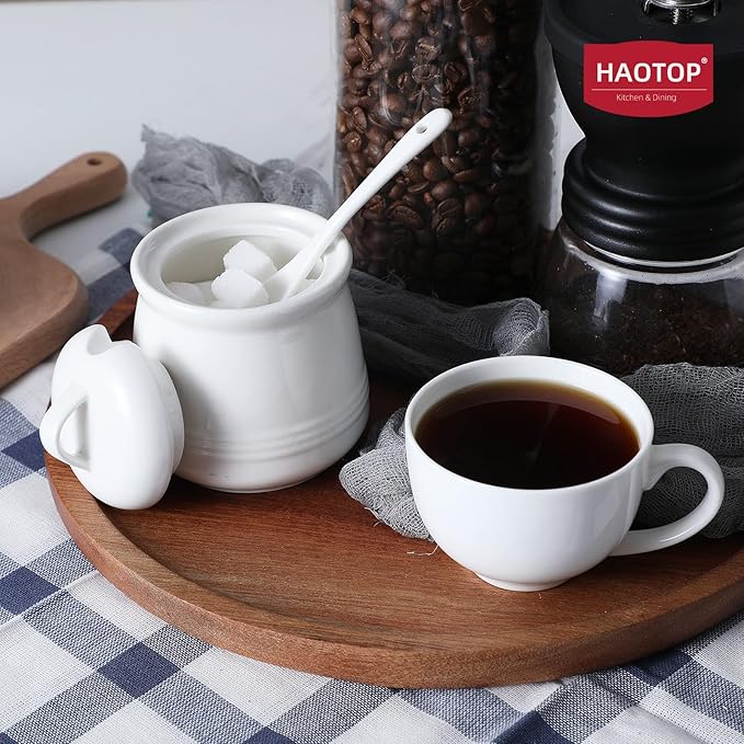 HAOTOP Porcelain Sugar Bowl, Ceramic Salt Bowl with Spoon and Lid for Home and Kitchen, 12 Ounces (White)