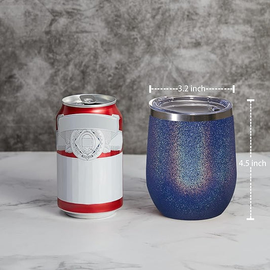 MEWAY 12oz/16 Pack Wine Tumbler Glasses with Lid - Stemless Double Wall Vacuum Stainless Steel Glitter Tumbler - Keeping Cold & Hot Cup for Coffee,for Women(Rainbow Navy,Set of 16)