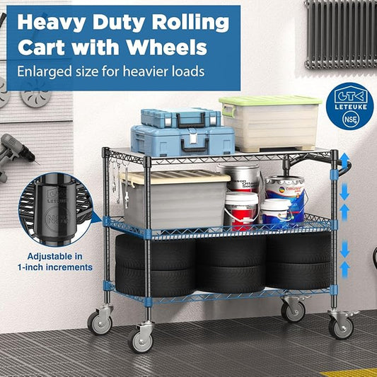 Leteuke Heavy Duty Rolling Utility Cart, 45 Inch Kitchen Carts with Wheels, NSF Commercial Grade with Handle & Shelf Liners, 1120LBS Storage Cart for Kitchen,Restaurant,Plant Display-Black