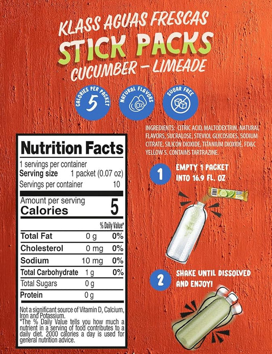 Klass Aguas Frescas, Powdered Drink Mix, 40 Singles Zero Sugar & Caffeine-Free Powder Packets, Water Drink Mix, Flavor: Cucumber Limeade - 5 Calories Per Packet & Natural Flavors