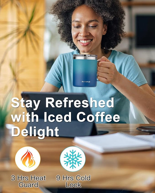 Insulated Coffee Mug 12 oz, Double Wall Stainless Steel Coffee Mug with Lids, Leak-Proof & Detachable Slider Lid for Thorough Clean, Keeps Coffee Cold for 9 Hrs, Suitable for Camp Home Office