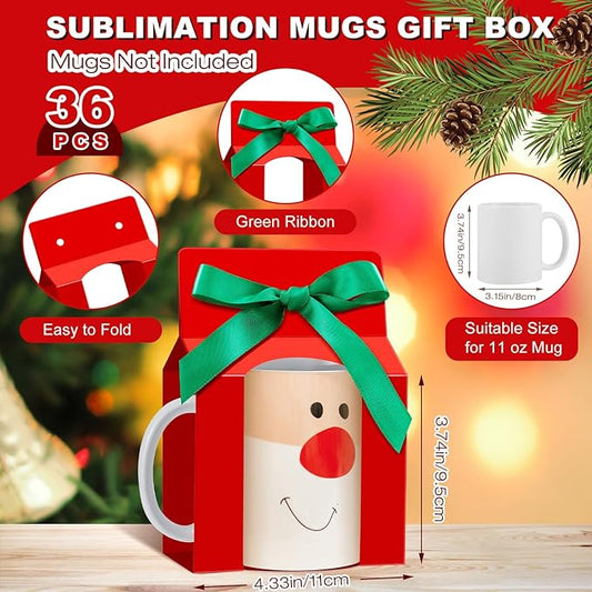 Kosiz 36 Pcs Mug Boxes Sublimation Coffee Mugs Gift Bags with Window Packaging Storage Box for Shipping Selling Wedding Valentines Gift Packaging Wrapping (for 11oz Mug,Red,Green)