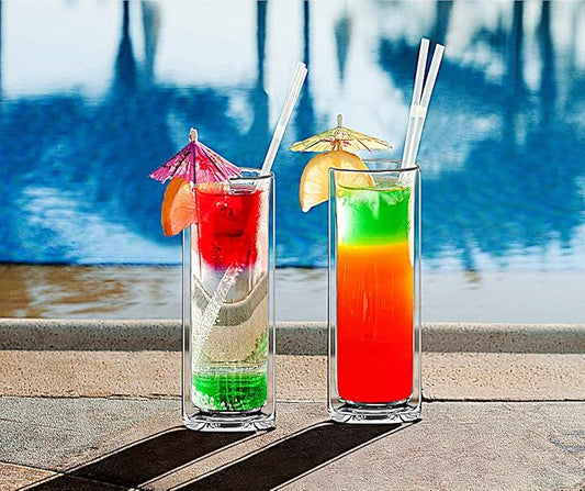 Sun's Tea Tropical Delight - Strong Double Wall Insulated Highball Tall Tom Collins Drinking Glasses for Bourbon or Whiskey or Rum Cocktail, Martini, Champagne, Beer, Mojito, Jiuce - Set of 2 (14 oz)