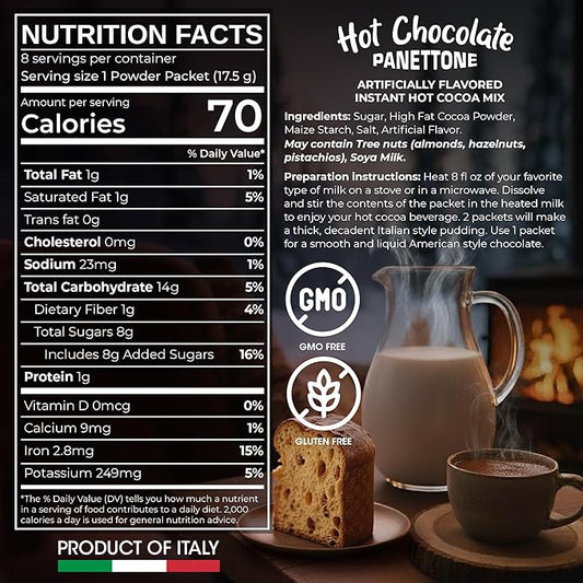 Cafe Garibaldi Premium Panettone Hot Chocolate - Instant Cocoa Mix with Cocoa Powder, Gluten-Free & GMO-Free, 8 Servings x 0.62oz Packets, Ideal Italian Hot Chocolate Gift