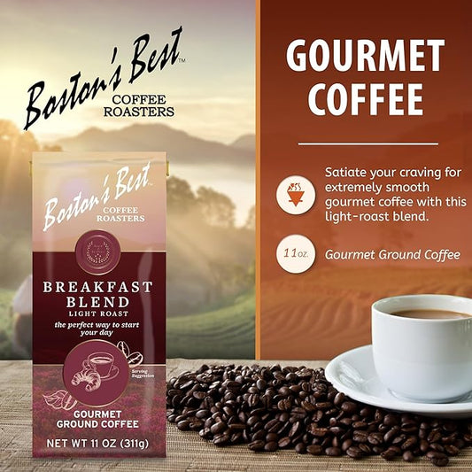 Boston’s Best Coffee - Smooth Light-Roast Breakfast Blend Gourmet Premium Ground Coffee, 11 oz. / 311 g Bag