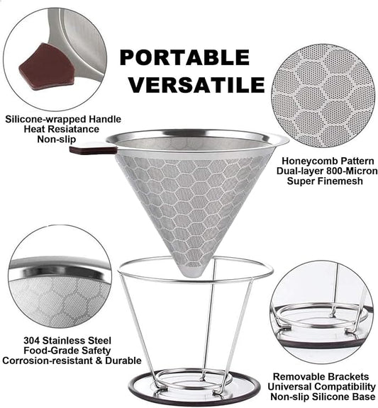 Pour Over Coffee Dripper - 304 Stainless Steel Filter, Paperless & Reusable Dual-Layer Metal with Base, 800 Mesh Steel Cone Filter, for 1-6 Cups Brew Coffee Maker
