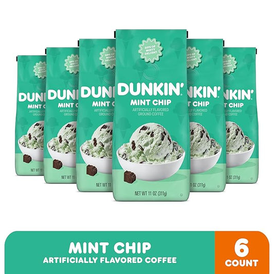 Dunkin’ Mint Chip Artificially Flavored Coffee, Ground Coffee, 11 Oz. Bag (Pack of 6)