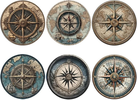 Nautical Compass Coasters for Drinks with Holder Round Leather Coasters Set of 6 Cups Mugs Mat Pad for Home Kitchen Bar