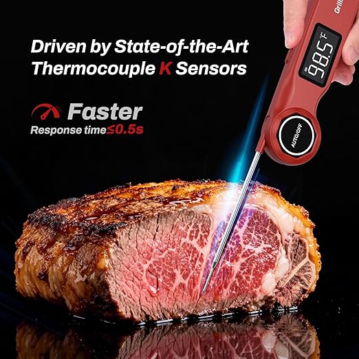 Instant Read Meat Thermometer, GrillBliss Digital Meat Thermometer with ±0.5℉ Accuracy and 0.5S Fast Reading, Food Thermometer with VA LCD Display, Cooking Thermometer for Candy, Grill, BBQ, Brewing