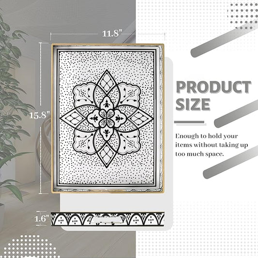 MAONAME Plastic Serving Tray with Handles, Modern Black Tray for Coffee Table, Rectangular Trays with Flower Pattern, Decorative Trays for Ottoman, 15.8" Lx 11.8" W X 1.6" H