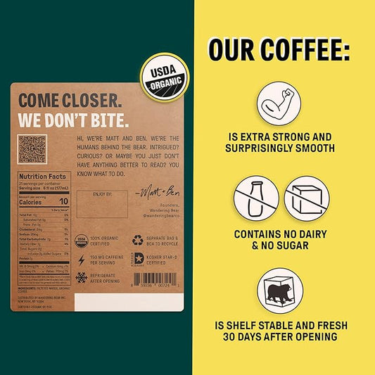 Wandering Bear Straight Black Organic Cold Brew Coffee On Tap, Iced Coffee Drink - Extra Strong, Bold, Smooth, No Sugar Added, Shelf-Stable, Ready to Drink & Vegan, 100% Organic - 128 fl oz (1 gallon)