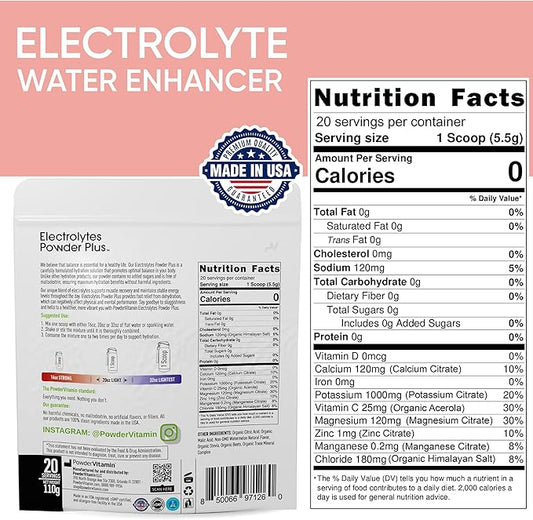 PowderVitamin Electrolytes Powder Plus (20 Servings) Watermelon Electrolyte Powder Zero Calorie Keto,0 Sugar, No Maltodextrin,1000mg Potassium,120mg Calcium,120mg Magnesium, Pink Himalayan Salt
