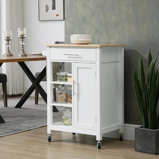 HOMCOM Kitchen Island Cart, Rolling Kitchen Island with Storage Shelf, Solid Wood Top, Drawer, for Dining Room, White