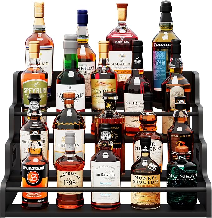 LIVELYGLOW 19.6”W x 15.74" D x 12.5" H Inches Versatile 4-Step Coffee Syrup & Water Bottle Organizer Rack Multi-Functional Retro Display Shelf for Kitchen or Bar, Holds Liquor & Spirits, Black