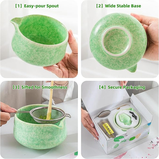 TEANAGOO Matcha Whisk Set,7 Pcs Matcha Set Green,Ceremony Matcha Kit,Matcha Tea Set for Making Latte,Ceramic Bowl(chawan) whith Spout and Whisk,Gift for Matcha Lovers