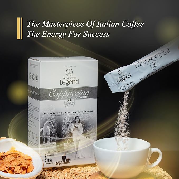 TRUNG NGUYEN LEGEND Cappuccino Coconut Instant Coffee Single Served Stick for Energy Boost (8oz - Box of 12 Sticks)