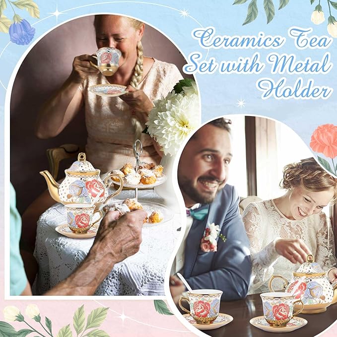Zhehao 20 Pcs Porcelain Tea Set with Metal Holder and Spoon Adult Ceramic Tea Set European Flower Painting Teapot Cup Saucer Spoon for Women, Large Version(Romantic Style)