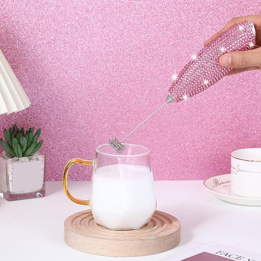 Rhinestone Milk Frother with Stand Sparkly Handheld Battery Operated Electric Foam Maker with Bling Handle, Single Coil Head Whisk Coffee Drink Mixer for Lattes Matcha(Pink)