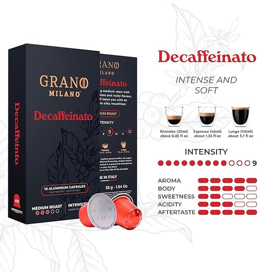 Grano Milano - Aluminum Coffee Pods Compatible with Nespresso®* Original Line Machines (Decaffeinato., 100 Pods)