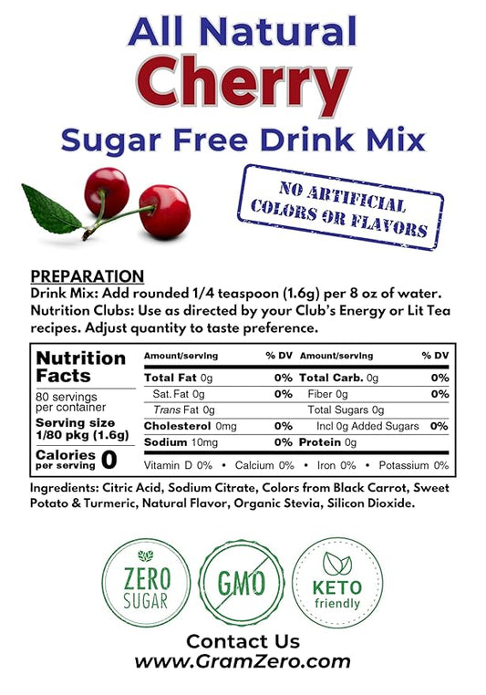 GramZero All Natural Cherry Zero Calorie Sugar Free Drink Mix, Great For Nutrition Club Loaded Tea, Stevia Sweetened