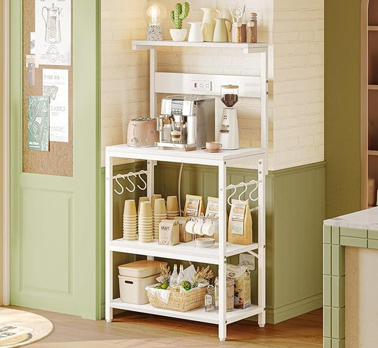 SUPERJARE Kitchen Bakers Rack with Power Outlet, Coffee Bar Table 4 Tiers, Kitchen Microwave Stand with 6 S-Shaped Hooks, Storage Shelf Rack for Spices, Pots and Pans - White