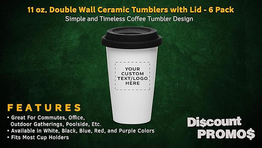 Personalized 11 oz. Double Wall Ceramic Tumblers with Lid - 6 Pack - Custom Text, Logo - Black
