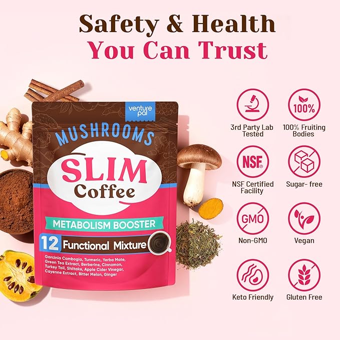 Venture Pal Slim Mushroom Coffee for Weight Loss,Instant Coffee with Berberine, Cinnamon, Yerba Mate,Turmeric, & More, 1800mg(10:1) Extract for Diet Support & Metabolism Boost - 40 Servings