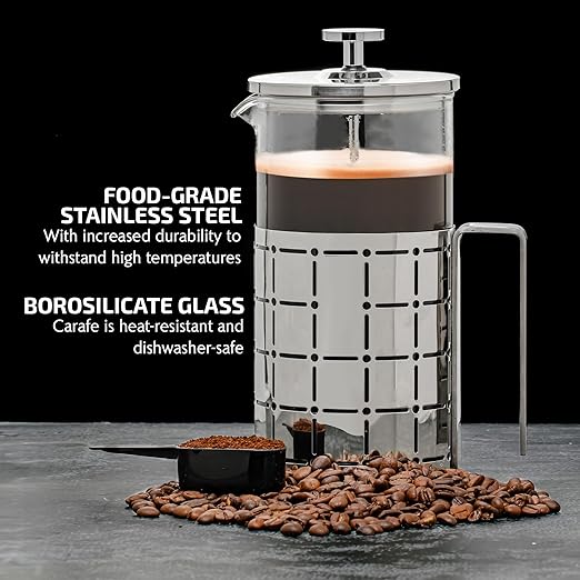OVENTE French Press Coffee Maker 34 Ounce with Heat Resistant Borosilicate Glass, Stainless Steel Design and 4-Level Filter System, Portable Cold Brewer Pot for Travel, Camping or Gift, Silver FSS34P