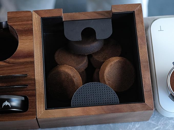 Espresso Knock Box and Tamping Station Kit 54mm for Breville Machines Walnut Compact Espresso Setup with Shock-Absorbent Coffee Grounds Dump Bin and Espresso Accessories Organizer