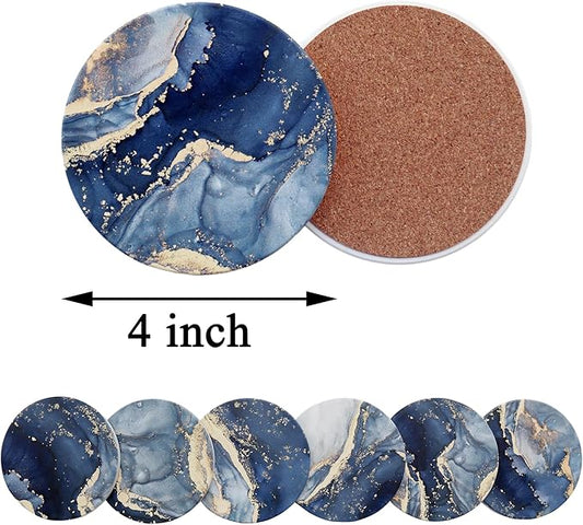 Navy Blue Marble Ceramic Coasters with Holder Absorbent Drink Coaster Set Outdoor Round Abstract Cute Table Decorative Coffee Cup Beverage Fun Wine Beer Bar Gold Housewarming 6 Pack
