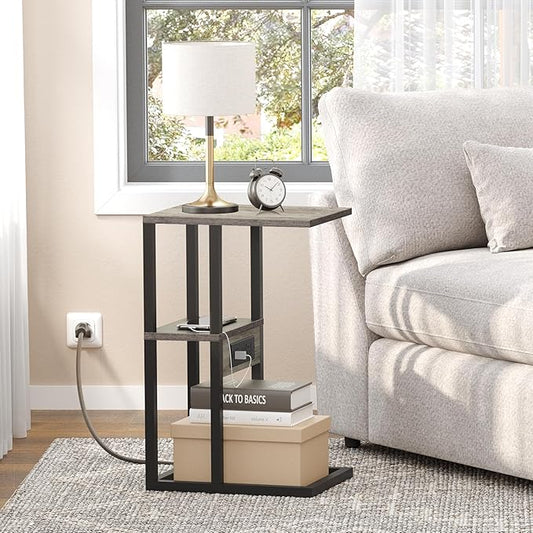 TUTOTAK C-Shaped Side Table, Set of 2, C Table End Table with Charging Station, Sofa Couch Table for Small Spaces, Couch Side Table for Livingroom, Bedroom, Greige TB01BG0432
