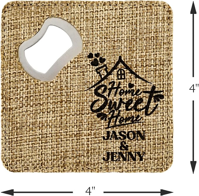 Smile Art Design Family Couple Names Custom Coaster Bottle Opener Burlap Material Family Name Home Sweet Home Print Personalized Gifts House Warming Wedding Gift Rustic Home Decor Style11