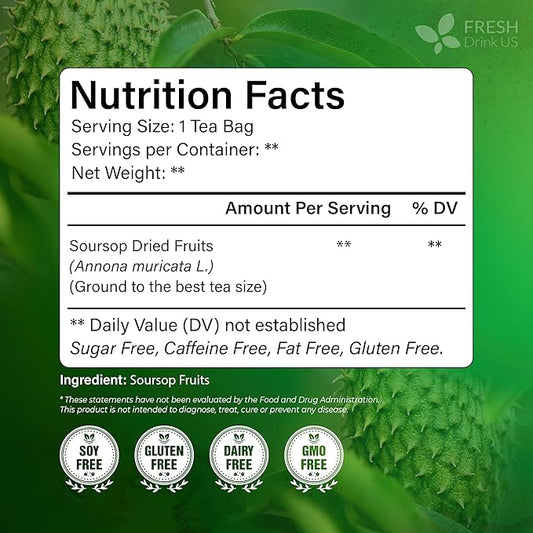 FreshDrinkUS, 60 Premium Soursop Graviola Fruit Tea Bags, 100% Natural and Pure from Soursop Fruits, Made With Natural Materials-Corn Fiber Tea Bag, Sugar/Caffeine/Gluten Free, Hoja Guanabana Tea