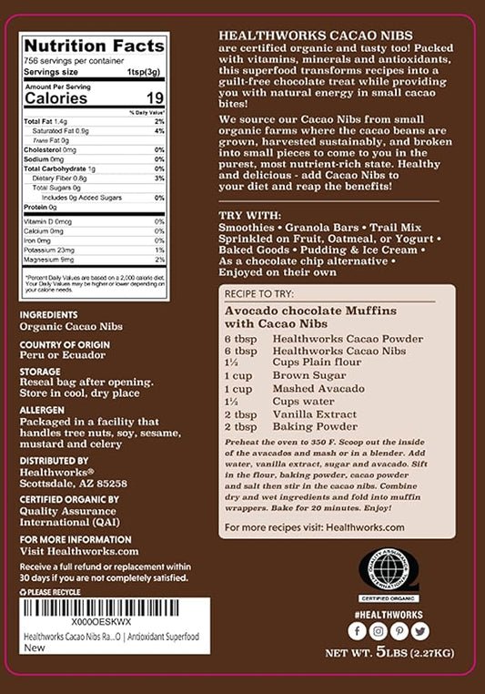 Healthworks Superfoods Cacao Nibs Organic - 80 Oz / 5 Lb - Criollo Bean - Raw Unsweetened Chocolate Substitute - Certified Organic - Keto, Vegan & Non-GMO - Antioxidant