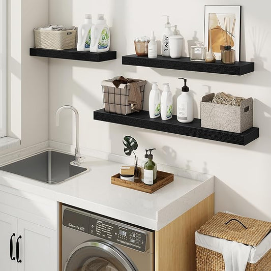 fuqing Floating Shelves for Wall, Wall Mounted Wood Floating Shelf with Invisible Brackets for Living Room, Bathroom, Bedroom, Kitchen Storage and Decor, 48 Inch Set of 2, Black